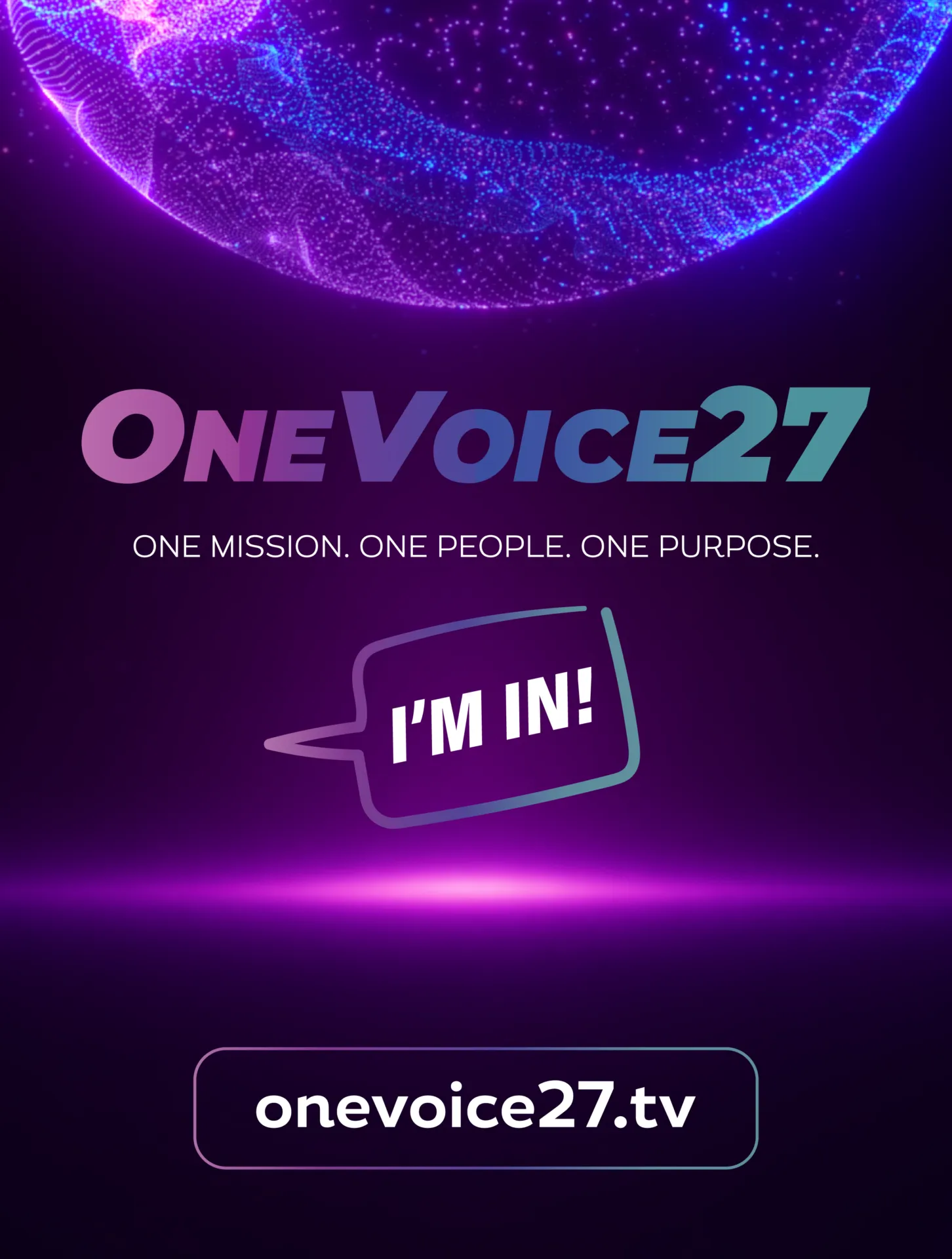 Промозображення проєкту OneVoice27 на фіолетовому тлі з цифровою планетою та написом «Iʼm in!»
