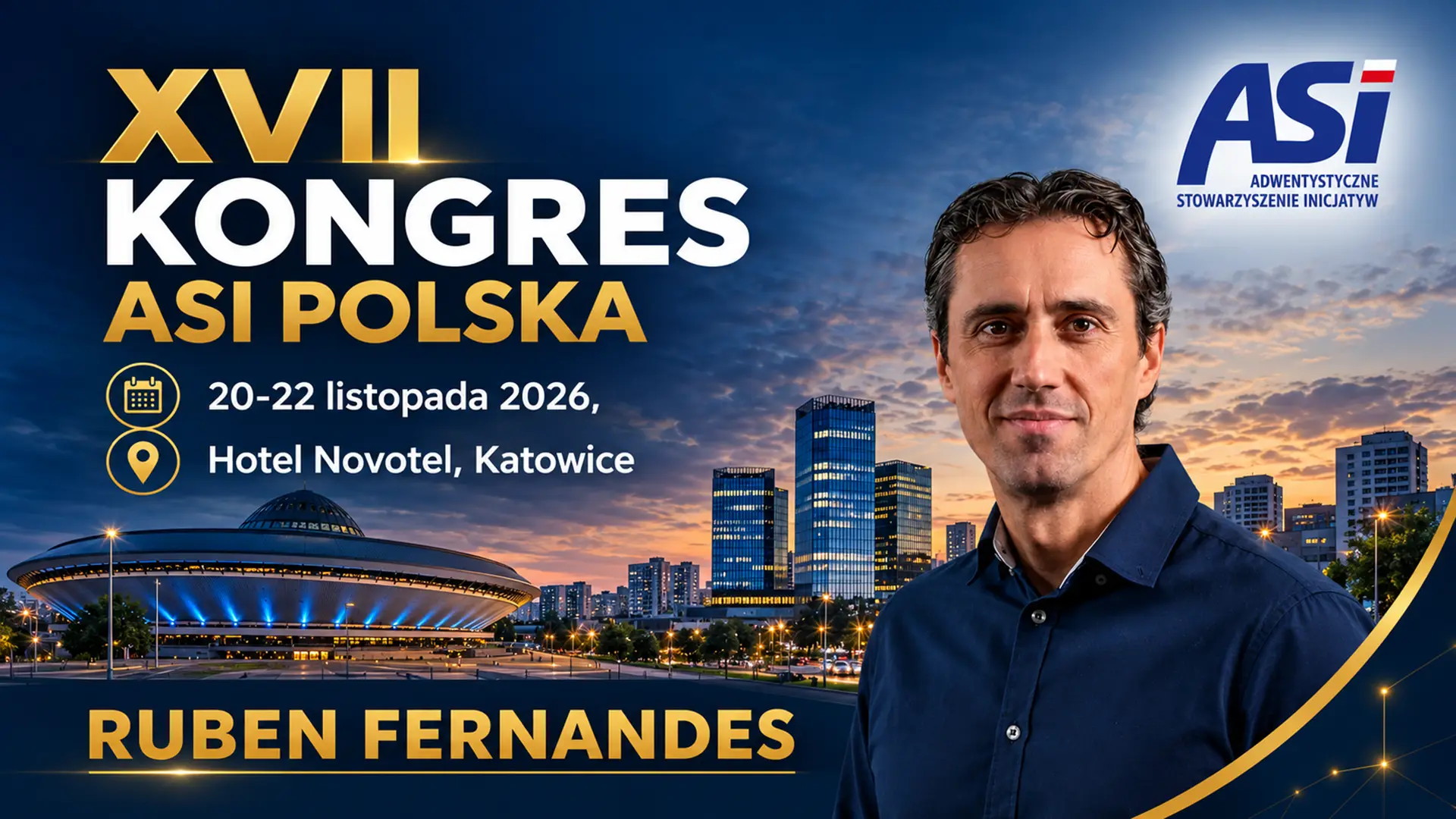 Афіша XVII конгресу ASI Польща з портретом чоловіка на тлі міста