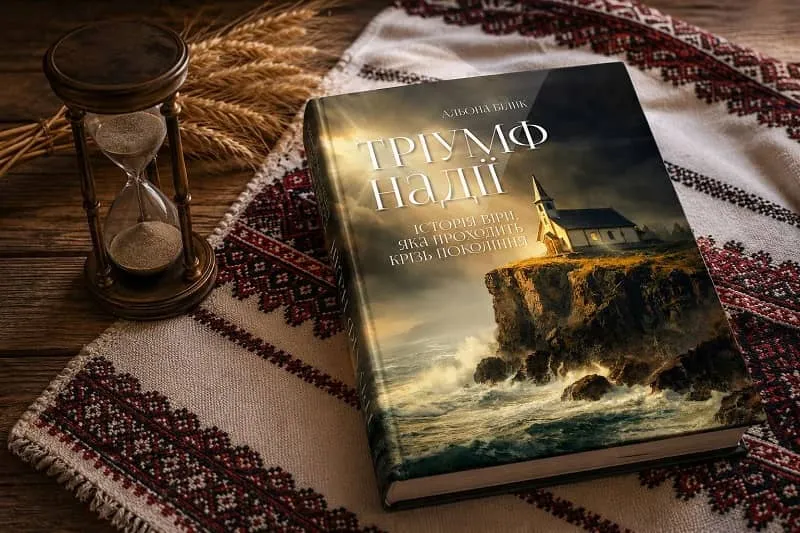 Книга «Тріумф надії» лежить на вишитому рушнику поруч із піщаним годинником і колоссям